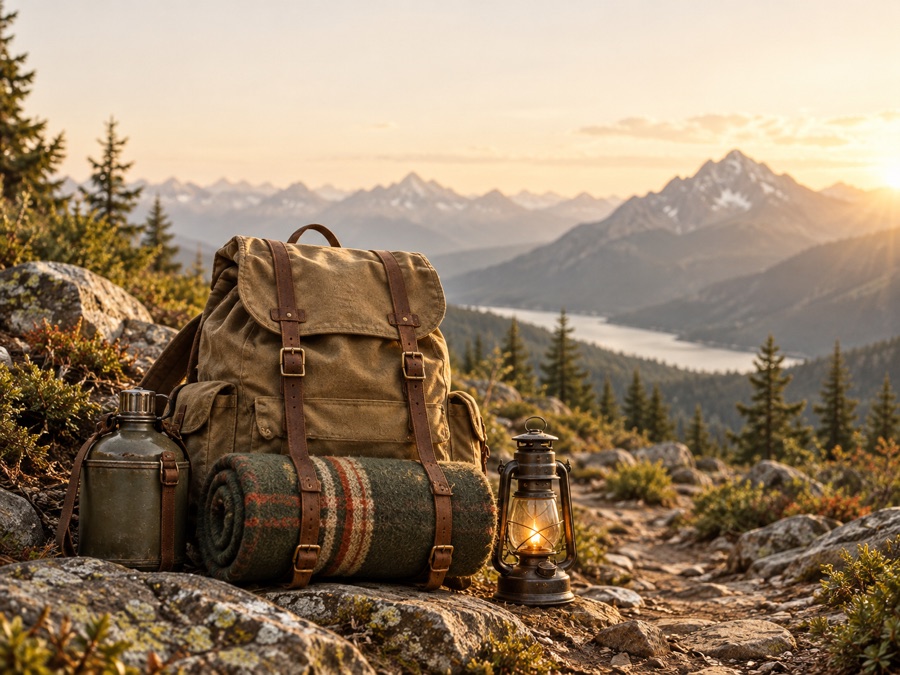 Backpack, blanket, canteen, and lantern ready for the journey