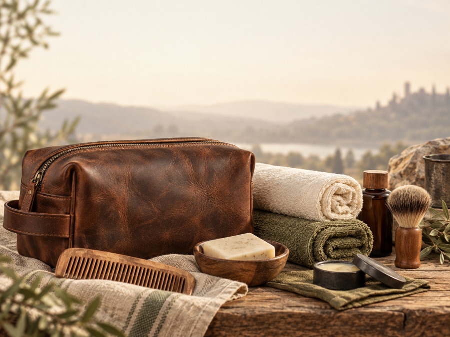 Leather toiletry bag, towels, soap, and grooming supplies