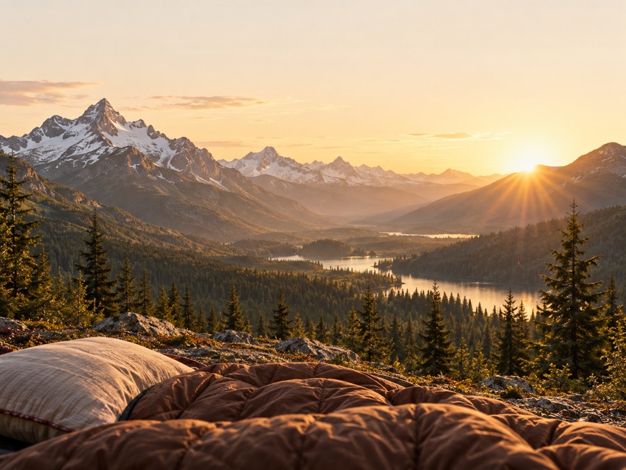 Sleeping bag overlooking a mountain valley at sunrise